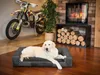 A dog is lying on a dog bed in a living room with a fireplace and a motorcycle in the background. Produktbild-Vorschau