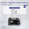 A printer is displayed on a white pedestal with marketing text about printer compatibility above it. Produktbild-Vorschau