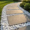 Weiße Kieselsteine um graue Gehwegplatten als moderner Gartenpfad Produktbild-Vorschau