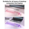 Two images showing a keyboard and mouse set in different color schemes, one pink and one purple, demonstrating their use with a desktop computer and a laptop. Podgląd zdjęcia produktu