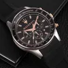 A close-up, angled shot of a Maserati chronograph watch with a black dial and rose gold accents, set against a dark, textured background. Anteprima dell’immagine prodotto