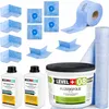 A collection of waterproofing products for bathrooms and showers, including bottles of primer, a tub of liquid membrane, and rolls of sealing tape and membrane. Produktbild-Vorschau