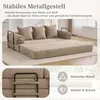 A beige corduroy sofa bed is shown in a living room setting, with text overlays highlighting its features. Produktbild-Vorschau