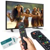 A TV screen displaying a tropical scene with people dancing, and two remote controls in the foreground, one being held by a hand. Voir les images du produit