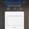 A white mobile air conditioner unit is shown against a dark wood-grain background. Text and icons describing its features are displayed above the unit. Produktbild-Vorschau