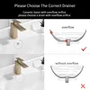 A split image showing two sinks with faucets, one with an overflow drain and one without, accompanied by diagrams illustrating the correct drain selection for each type of sink. Produktbild-Vorschau