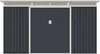 Front view of a dark gray shed with a white trim and a white decorative top. Produktbild-Vorschau