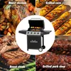 A collage of a BIGHORN 4 burner gas grill surrounded by images of food that can be cooked on it, including roast chicken, grilled corn, roast steak, and grilled pork chops. Produktbild-Vorschau