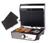 A tabletop electric grill with food cooking on its surface, and extra grill plates shown to the side. Produktbild-Vorschau