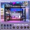 A loft bed with a sofa and desk setup underneath, illuminated by colorful LED lights. Náhled obrázku produktu