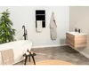 A modern bathroom with a freestanding bathtub, a wall-mounted towel warmer, a vanity with a sink, and a large plant. Náhľad obrázku produktu