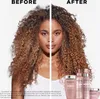 A split image showing a woman's hair before and after using hair products, with the products displayed at the bottom. Produktbild-Vorschau