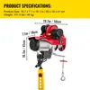 A red electric hoist with dimensions and weight specifications displayed. Náhľad obrázku produktu