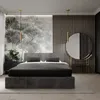 A modern bedroom with a large bed, a dresser, and a vanity with a mirror. Produktbild-Vorschau
