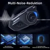 A close-up marketing image of a motorcycle Bluetooth headset, with feature callouts and diagrams. Produktbild-Vorschau