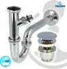 A chrome siphon and pop-up drain valve set for a sink, presented on a white and light gray background with a circular graphic overlay. Produktbild-Vorschau