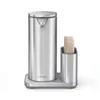 A silver soap dispenser with a sponge holder and sponge, set against a white background. Produktbild-Vorschau