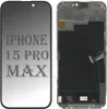 A collage showing two views of an iPhone 15 Pro Max screen replacement part. The left side shows the screen with text overlay, and the right side shows the back of the screen assembly. Produktbild-Vorschau
