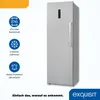 A silver upright freezer is shown with feature icons and text on the left side, and branding at the bottom right. Produktbild-Vorschau