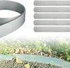 A collage showing a roll of silver metal edging and several straight pieces of the same edging, with a blurred background of a garden bed with plants and leaves. Produktbild-Vorschau