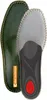 Two insoles are shown, one on top of the other, against a white background. The top insole is grey with a textured surface and a black contoured heel and arch support. The bottom insole is dark green with a stitched edge and an orange label. Produktbild-Vorschau