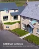 Two houses with a graphic overlay indicating Wi-Fi signal strength. Produktbild-Vorschau