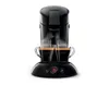 A black Philips Senseo coffee maker is brewing coffee into two clear glass cups. Náhled obrázku produktu