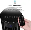 A hand holding a remote control towards the top panel of a black air cooler, which displays icons and a digital temperature reading. Náhled obrázku produktu