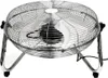 A chrome floor fan with a metal grill and black motor housing is shown against a white background. Voir les images du produit