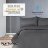 A close-up view of a grey duvet and pillow set, with a white certification tag and marketing text on a grey wall background. Produktbild-Vorschau
