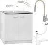 A white kitchen cabinet with a stainless steel sink and a beige pull-out faucet, along with plumbing parts, displayed against a white background. Produktbild-Vorschau