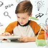 A young boy is using a tablet, with a dinosaur-shaped desk lamp attached to his ear. The background features hand-drawn educational graphics. Produktbild-Vorschau