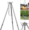 Collage of images showing a camping tripod stand for cooking over a fire, with close-ups of the product. Produktbild-Vorschau