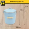 A light blue enamel trash can with a lid and a wooden handle, shown with dimensions indicated by measurement lines and text. Produktbild-Vorschau