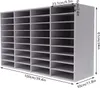 A white and gray modular shelving unit, possibly for organizing mail or documents, with dimensions indicated in centimeters and inches. Náhled obrázku produktu