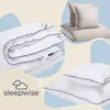 A collage of bedding products, including a folded duvet and pillows, with a brand logo. Produktbild-Vorschau