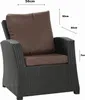 A close-up view of a brown cushion on a black rattan chair, with dimensions indicated by measurement lines and text. Produktbild-Vorschau