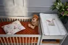 A baby crib and changing station setup with a stuffed lion and a pillow. Náhled obrázku produktu