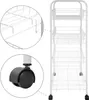 A white metal rolling cart with four wire baskets and wheels, shown with close-up details of the basket hooks and a wheel. Náhľad obrázku produktu