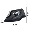 A black steam iron is shown against a white background with dimensions indicated. Anteprima dell’immagine prodotto