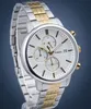 A close-up studio shot of a men's wristwatch with a silver and gold band and a white face. Podgląd zdjęcia produktu