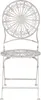A white metal bistro chair with a decorative, sunburst-like design on the backrest and seat. Produktbild-Vorschau