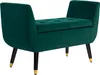 A green upholstered bench with tufted seat and curved arms, resting on black legs with gold accents. Náhled obrázku produktu