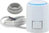 A white thermostat actuator with a blue light ring and a gray adapter ring, along with a coiled white wire, are displayed against a white background. Produktbild-Vorschau