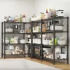 A corner of a room with multiple metal shelving units filled with kitchen appliances and food items. Voir les images du produit