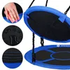 Collage of close-up shots of a blue and black swing, showing details of its material and construction, and a hand interacting with it. Voir les images du produit