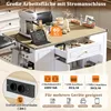 A kitchen island with appliances and storage, featuring dimensions and electrical outlet information. Podgląd zdjęcia produktu