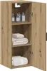 A wooden cabinet with its door open, displaying shelves with towels and bottles. Produktbild-Vorschau