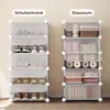 Two modular storage units are shown side-by-side against a light beige wall. The unit on the left is labeled 'Schuhschrank' (shoe cabinet) and is filled with shoes. The unit on the right is labeled 'Stauraum' (storage space) and contains various items like Produktbild-Vorschau