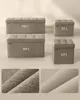 Four storage ottomans of different sizes are shown, along with close-ups of their fabric texture. The ottomans are in a light taupe color with button-tufted tops. Náhled obrázku produktu